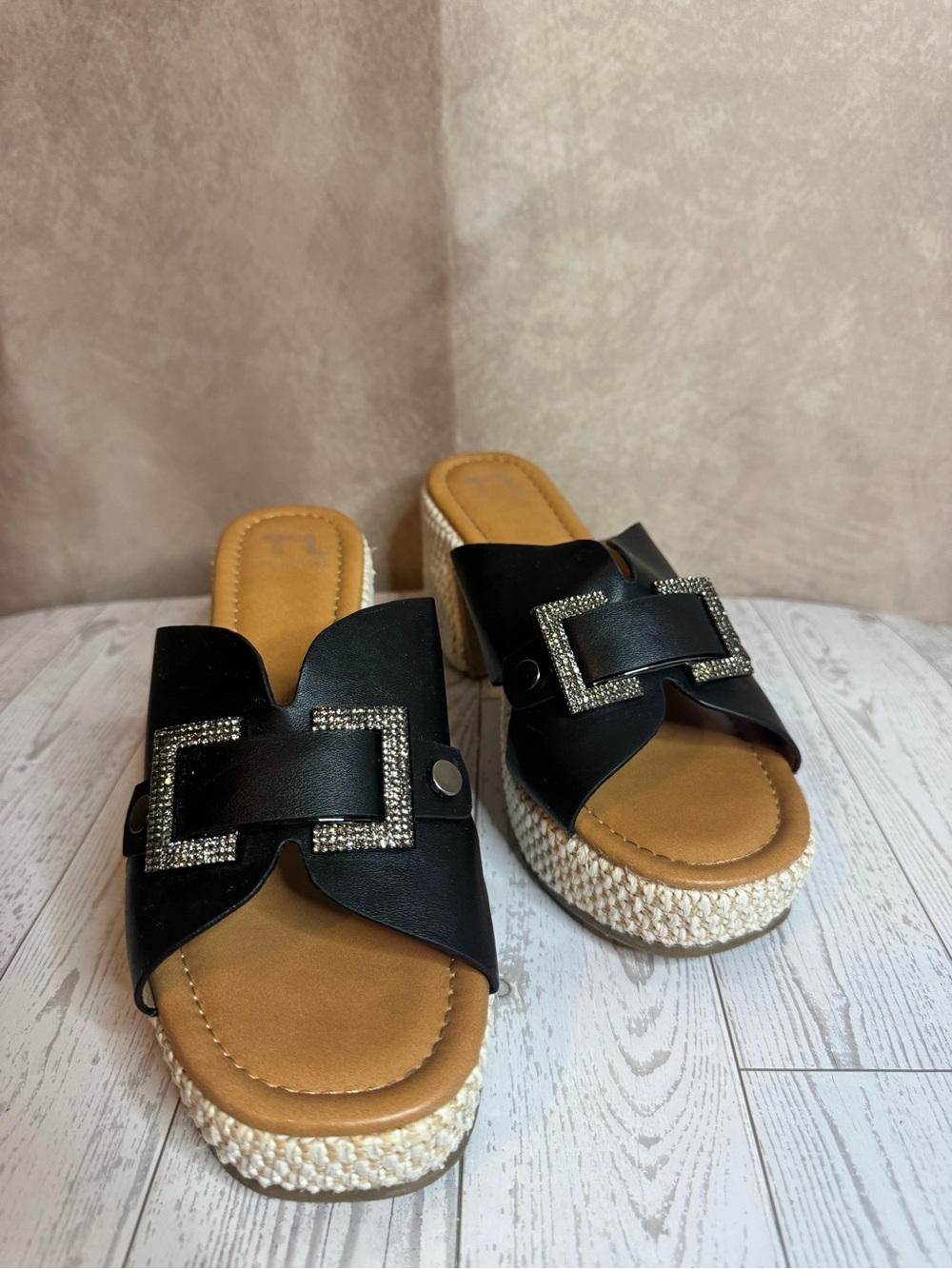 TL by Novus Black Platform Slide Sandals Size 8 Woven Heel Rhinestone Buckle